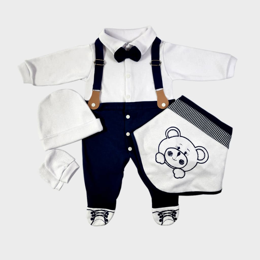 Saída Maternidade Menino Social Suspensorio Bordado Urso 100% Algodão