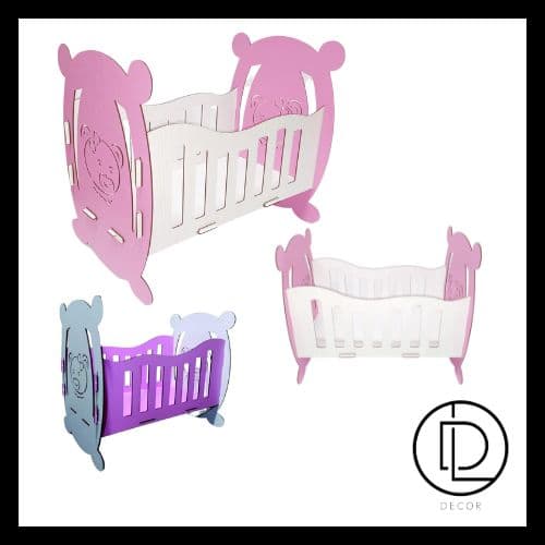 Mini Berço para boneca / Rosa Lilás Azul em MDF 3mm 46x40x30