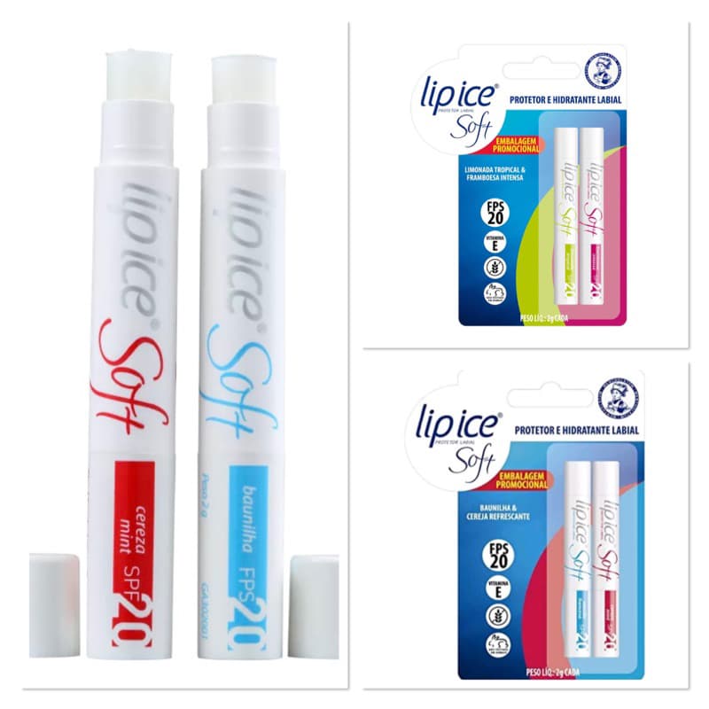 Lip Ice Protetor Labial Soft FPS20 | Limonada + Framboesa ou Baunilha + Cereja Refrescante