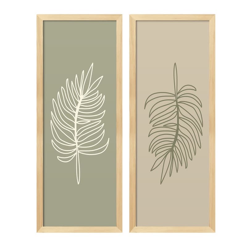 kit 2 quadros decorativos folhas  neutras branca e verde