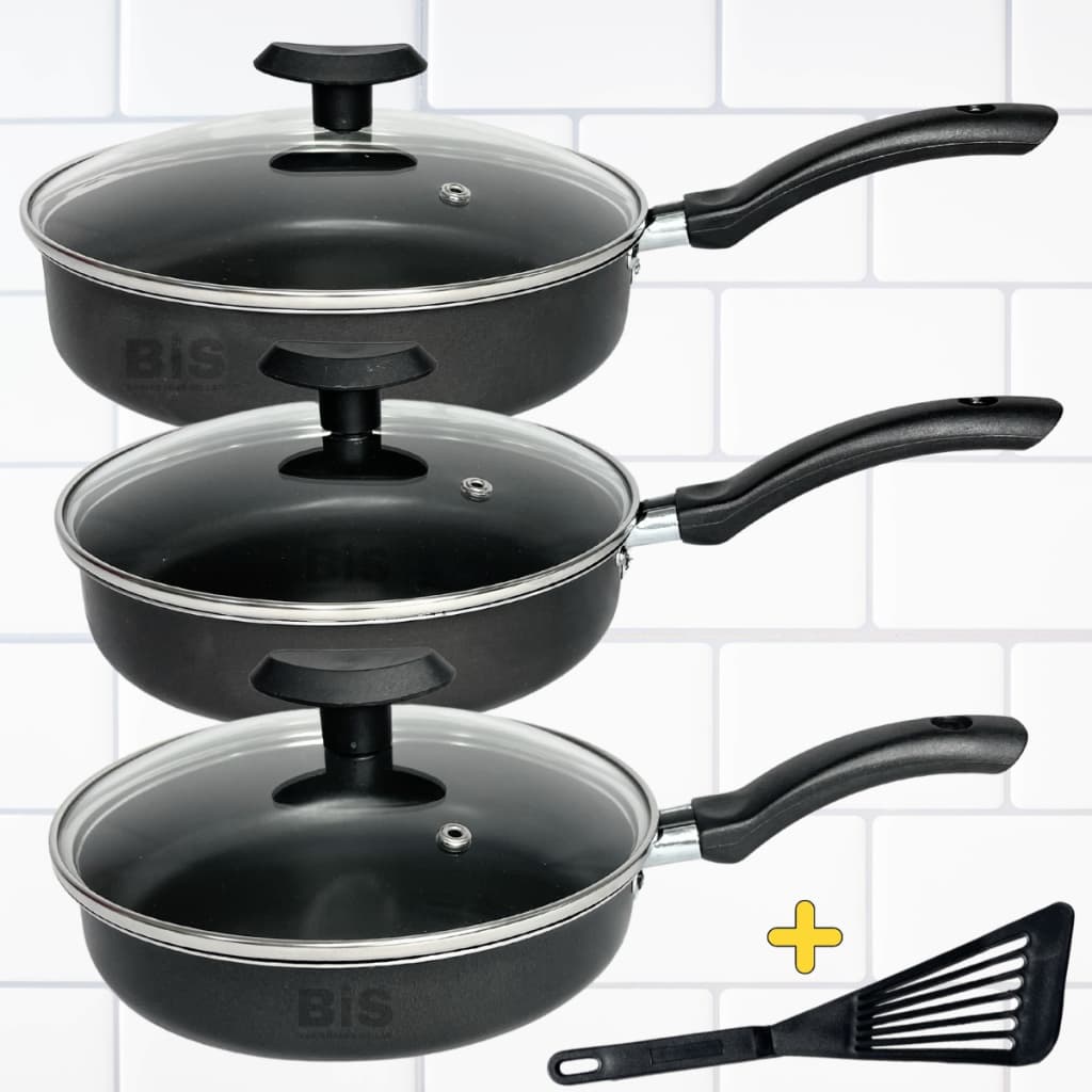 Kit Frigideiras Antiaderente Com Tampa De Vidro Jogo com 3 Peças Teflon 18/20/22cm Preto + Espatula