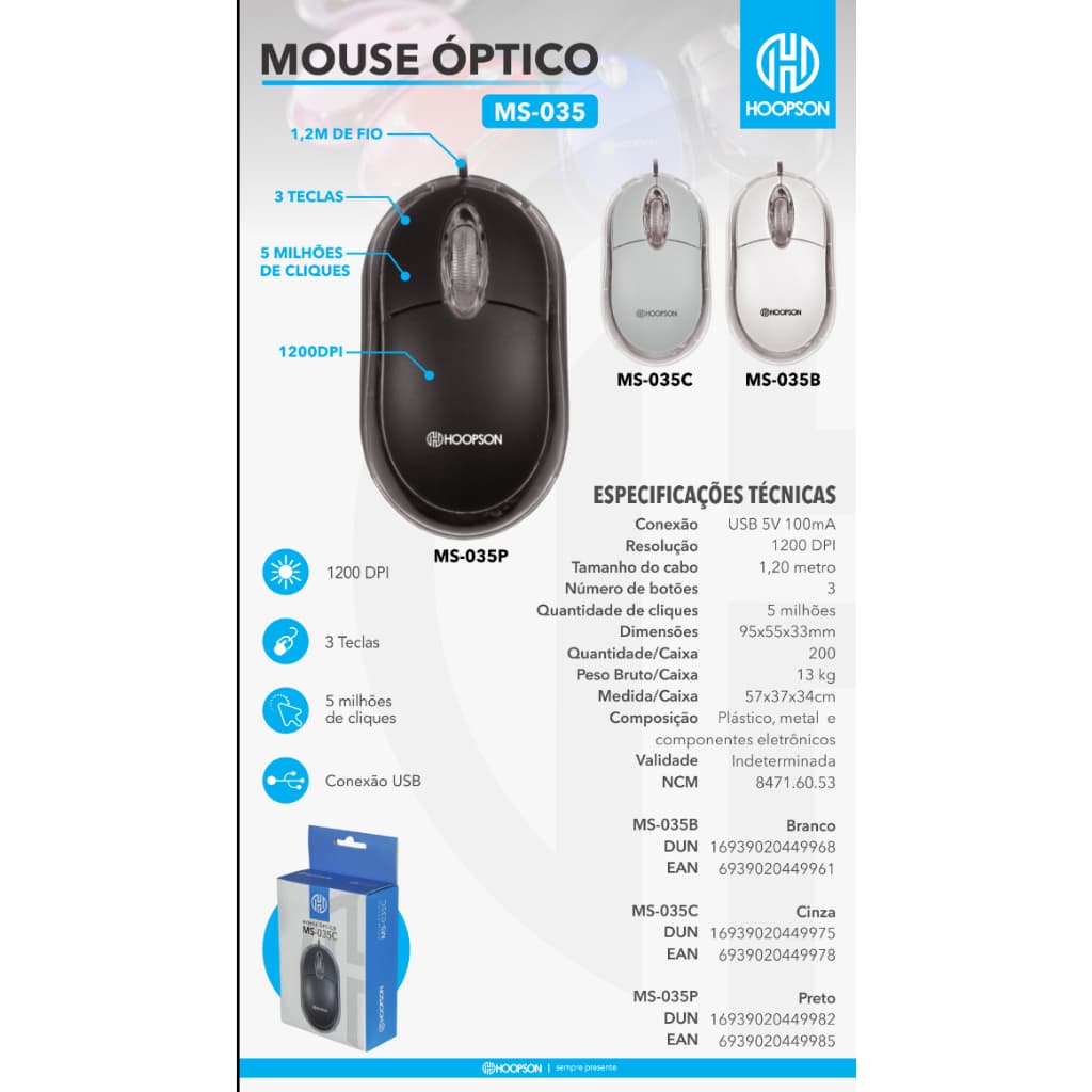 Mouse Office Preto, Branco Cinza MS-035
