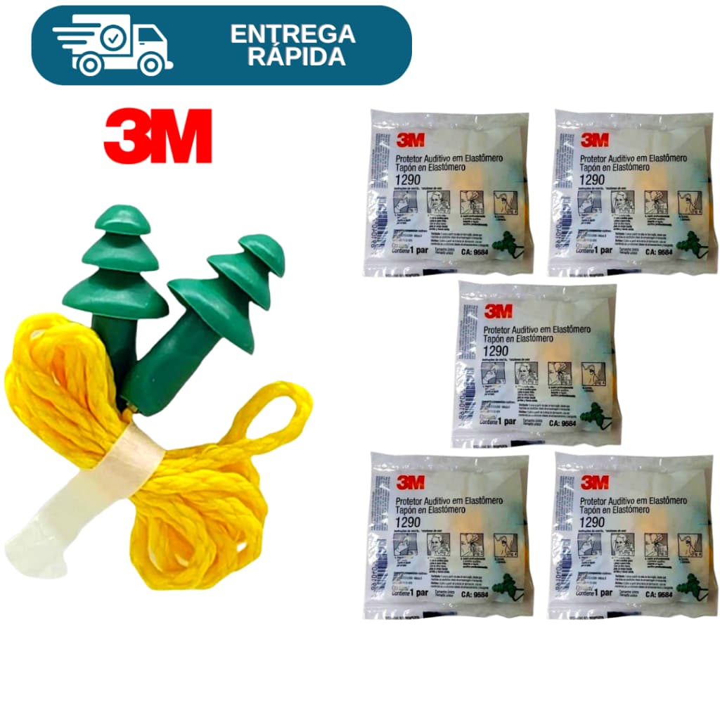 Kit 5 Protetor Auricular Auditivo Plug Em Elastômero 1290 3M Para Ouvido Abafador De Ruídos