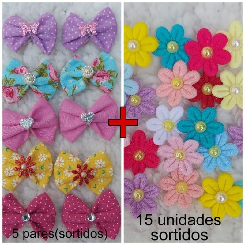 Kit 10 laços + 15 mini flores adesivados pet/ Banho e Tosa
