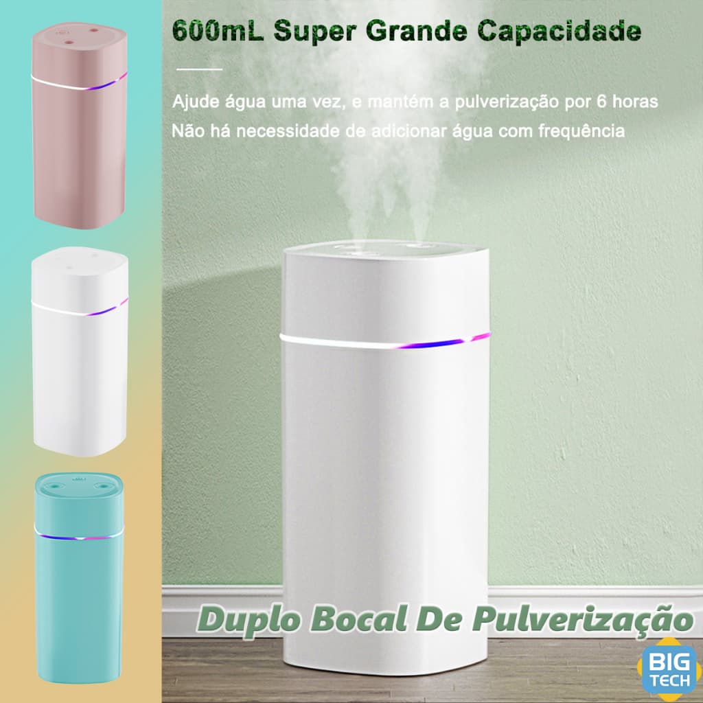 Umidificador De Ar Difusor Aromatizador Capacidade De 600ml E Luzes Coloridas Led Ultrassônico Escritório Bico Duplo