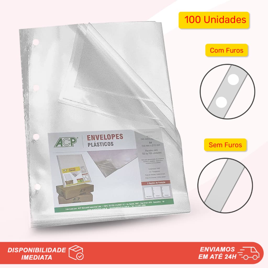 100 Sacos Envelopes Plásticos Transparentes 4 Furos Ou Sem Furos Ofício Ou A4 Para Fichário Registrador Pasta Catálogo Grampo Trilho Papelaria Escritório ACP