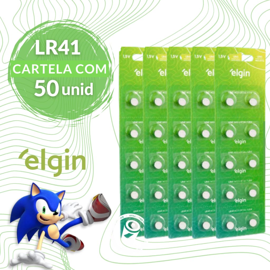 50 Baterias Alcalina Lr41 Elgin Botão - 5 Cartelas C/ 10uni