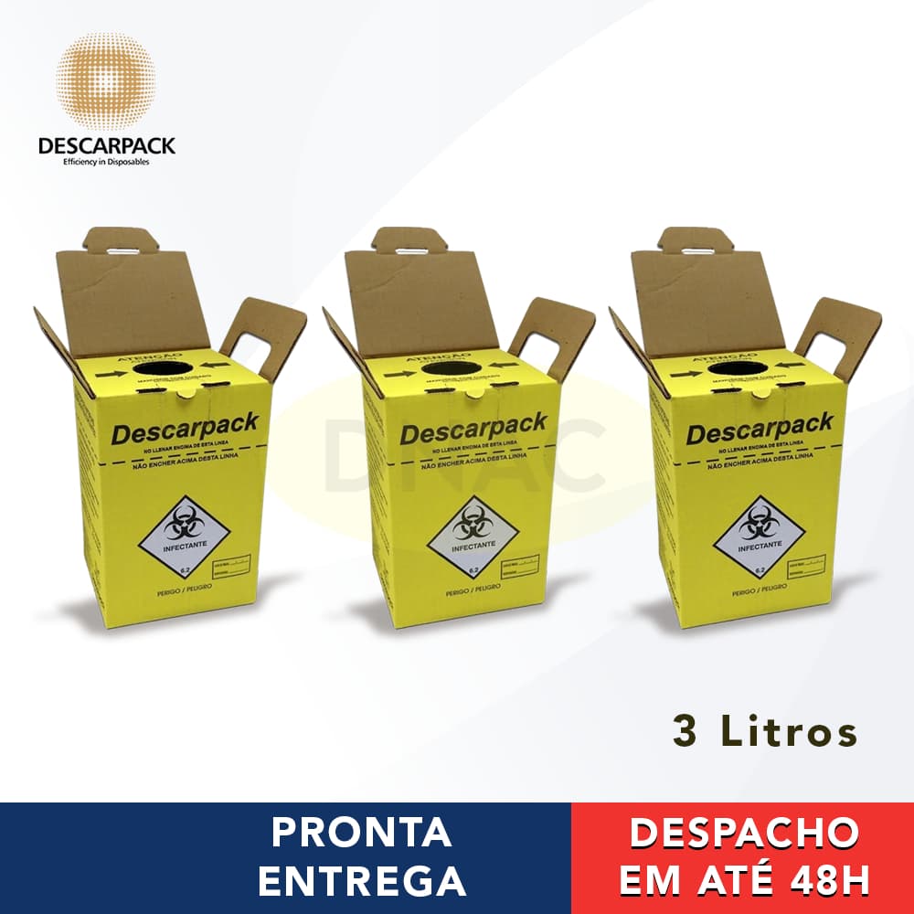 3 Caixas Coletoras Para Descarte De Material Perfurocortante 3L - Descarpack