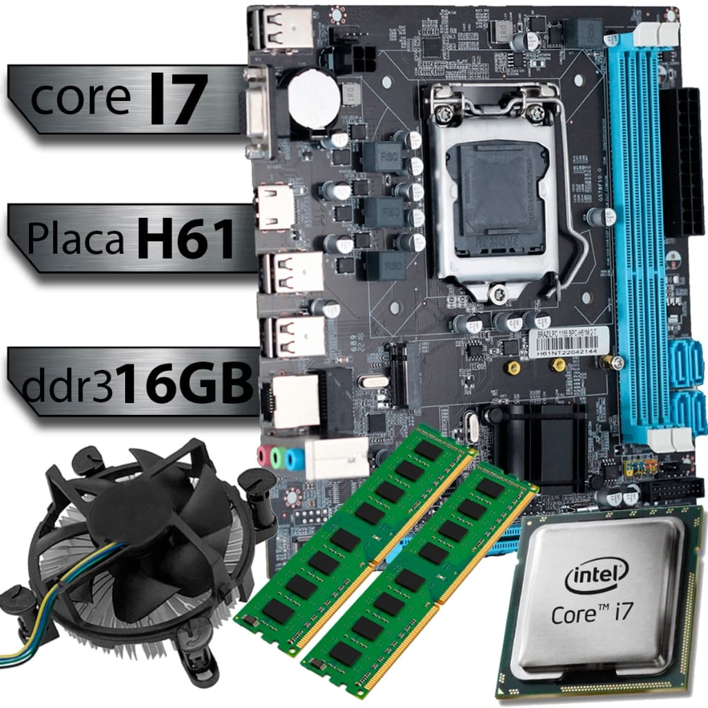 Kit Pl Mãe H61 + Processador I7 2600 + Memória ddr3 16gb + Cooler