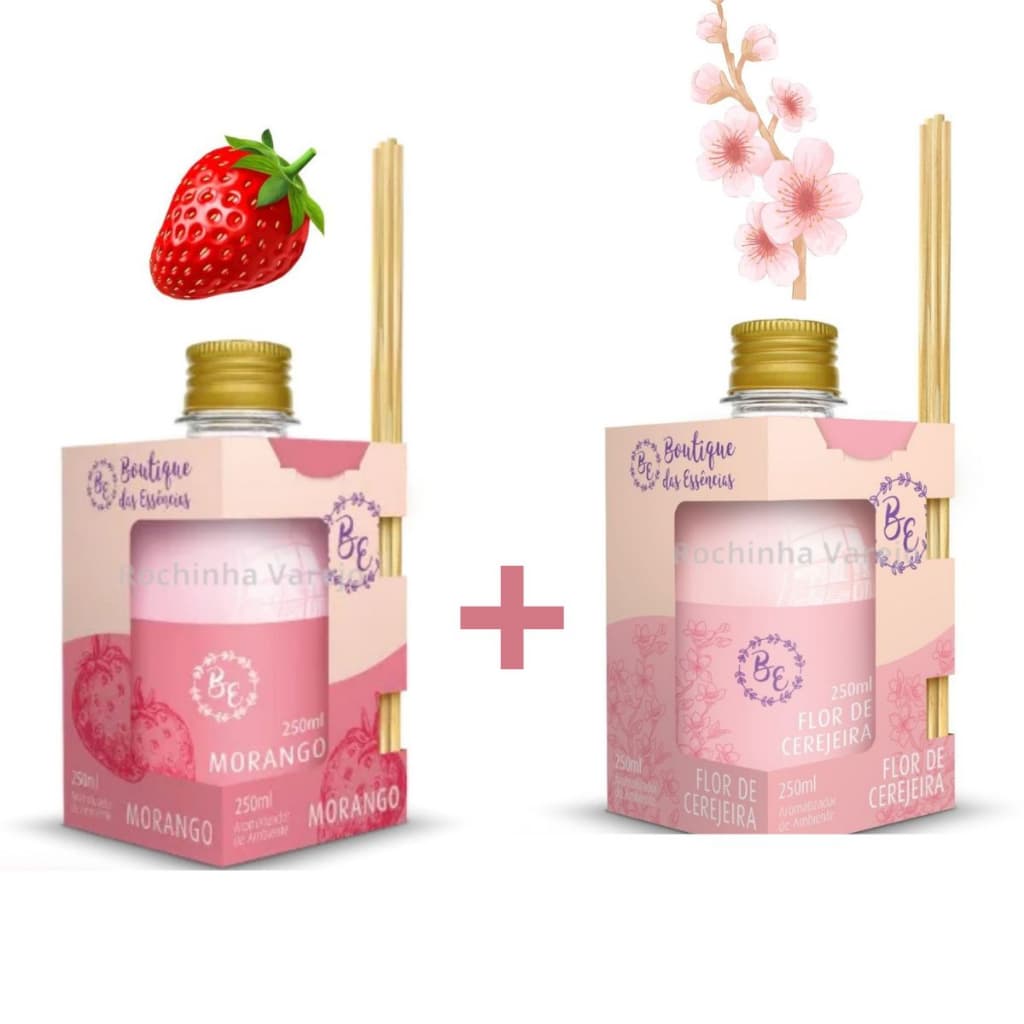 Kit com 2 Difusor Aromatizador de Ambiente Morango e Flor de cerejeira Com 4 varetas 250ml cada um