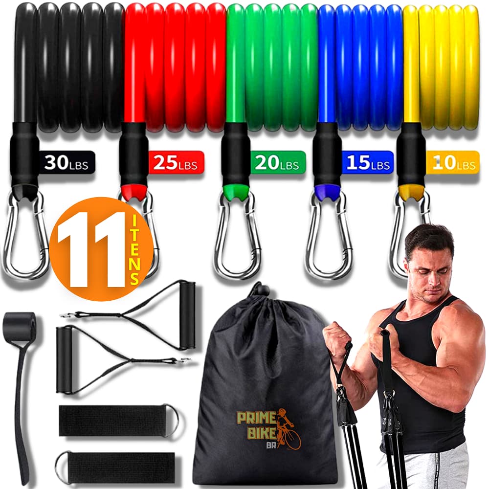 Kit Elástico Treino Extensor Exercício Academia Em Casa 11 Itens Funcional Fisioterapia Fitness