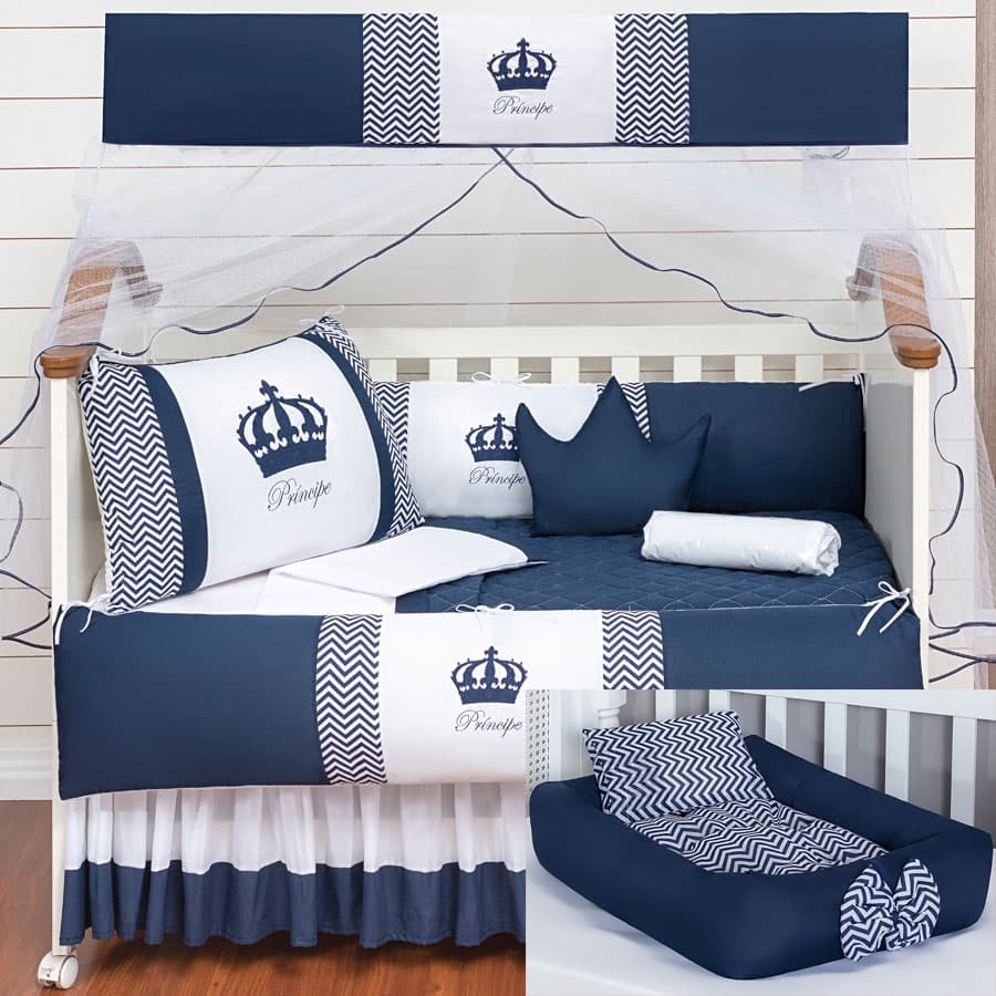 Kit Protetor Berço + Ninho Redutor Completo 2 Laterais Coroa Marinho Príncipe Premium 15 peças