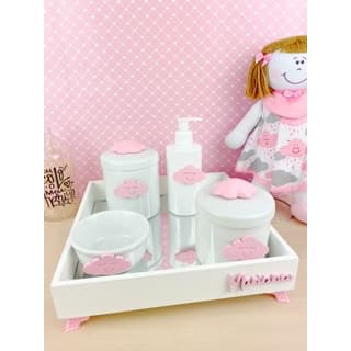 Kit Higiene Bebê Porcelana Temas Rosa Nome Personalizado 5 Peças