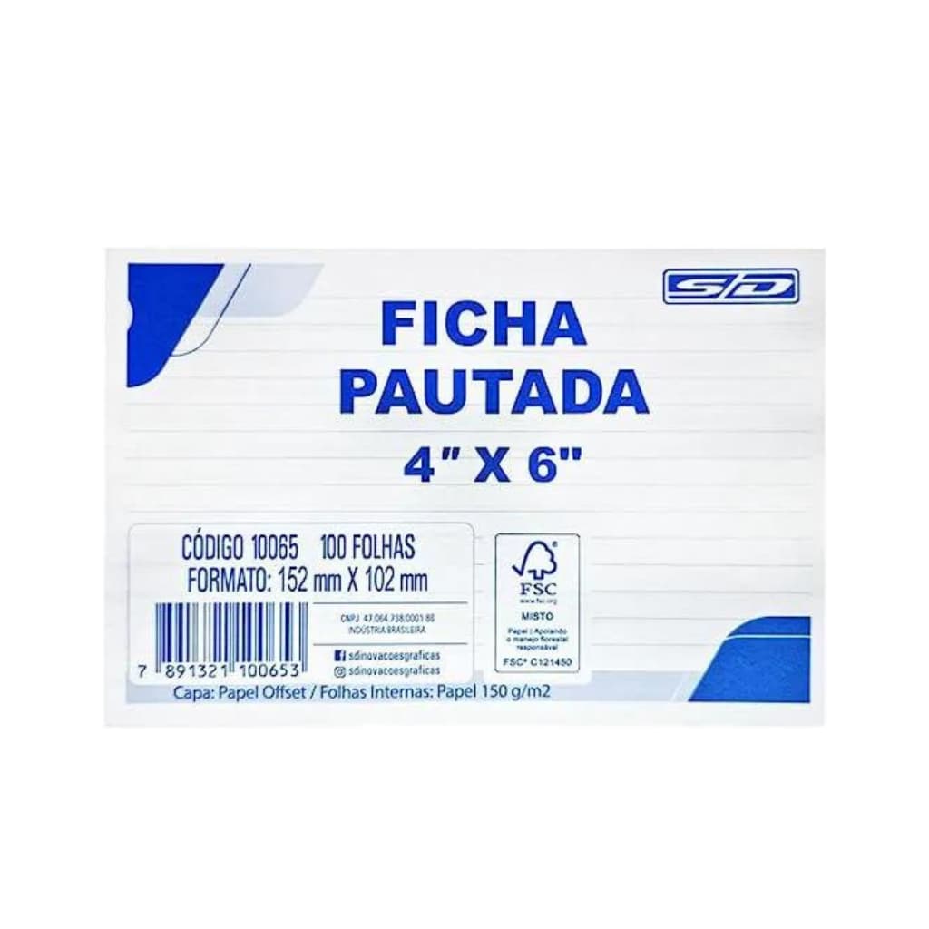 Ficha Pautada 4x6 (152 x 102 mm) 100 e 200 fichas - Animativa (São Domingos)