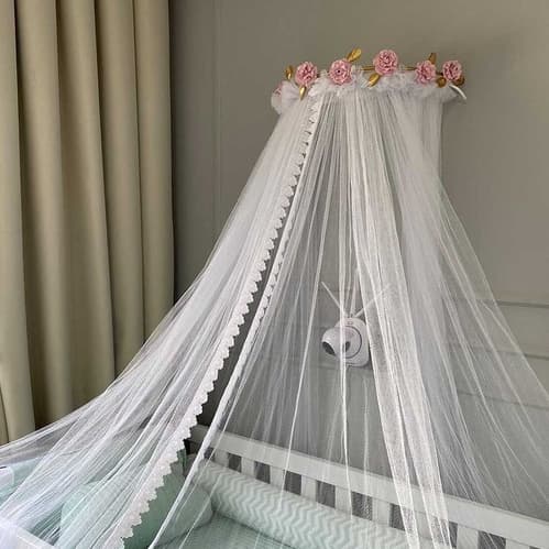 Dossel Flor Menina Dourado e Mosquiteiro Tule Renda Larga Berço Enxoval Bebê