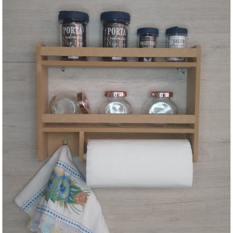 Suporte organizador porta tempero cozinha condimento parede madeira  prateleira porta papel toalha