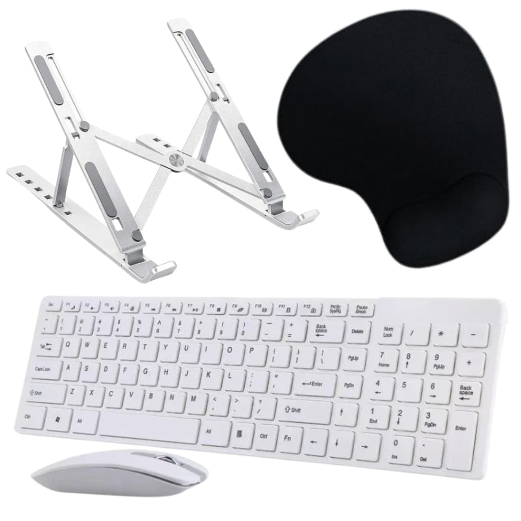 Kit Escritório para Notebook Suporte Notebook + Teclado E Mouse S/ Fio + Mouse Pad Apoio