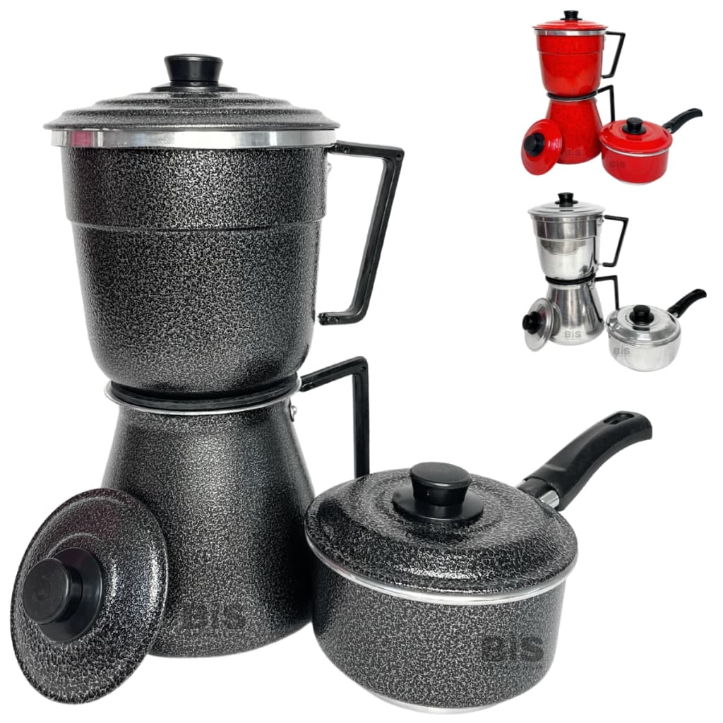 Kit 3 em 1 Cafeteira + Fervedor + Cuscuzeiro Individual Em Aluminio Preta Polida Ou Vermelha