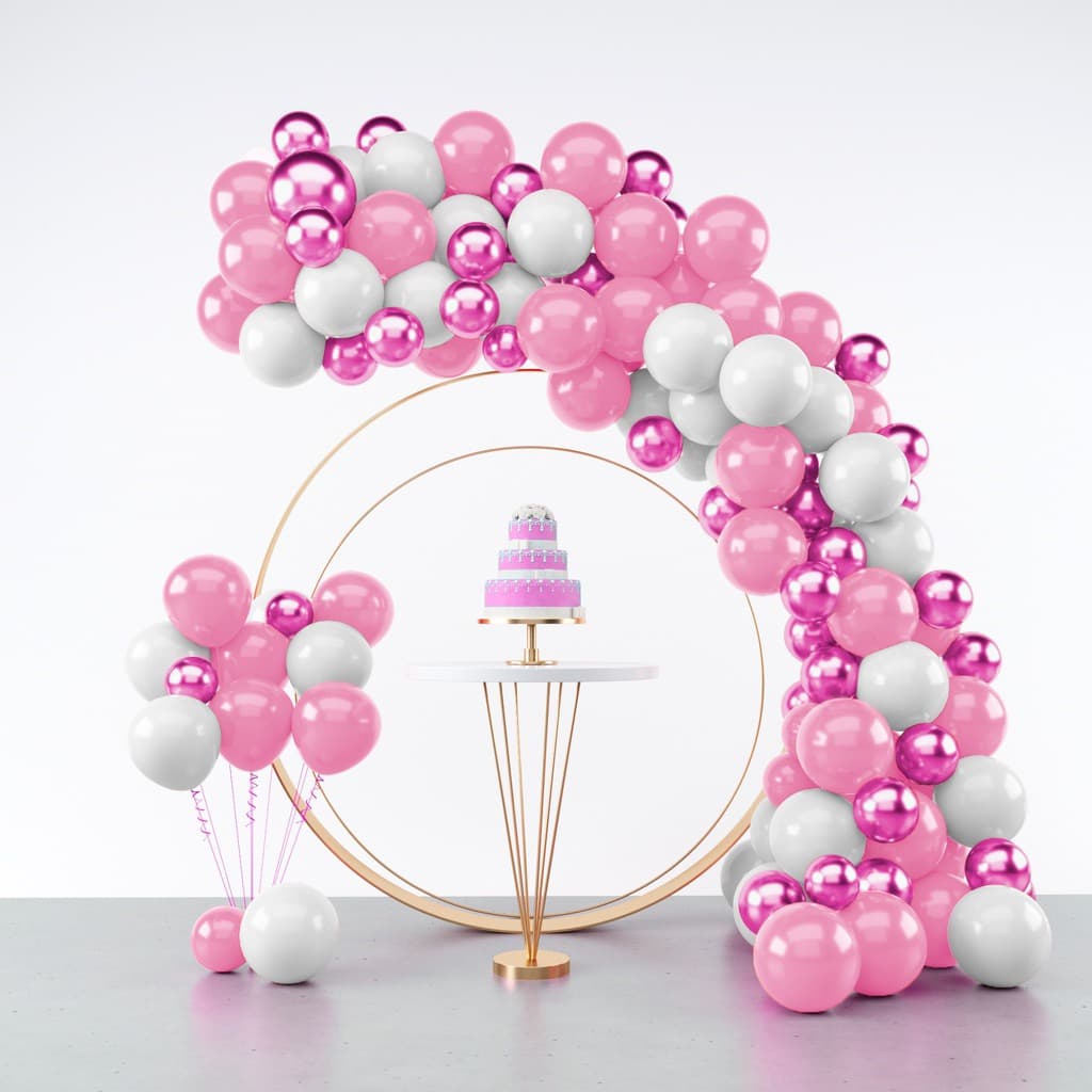 Kit 125 Balões Rosa Claro + Branco + Rosa Metalizado - Balão Bexiga Liso/Cromado Para Festas e Aniversários