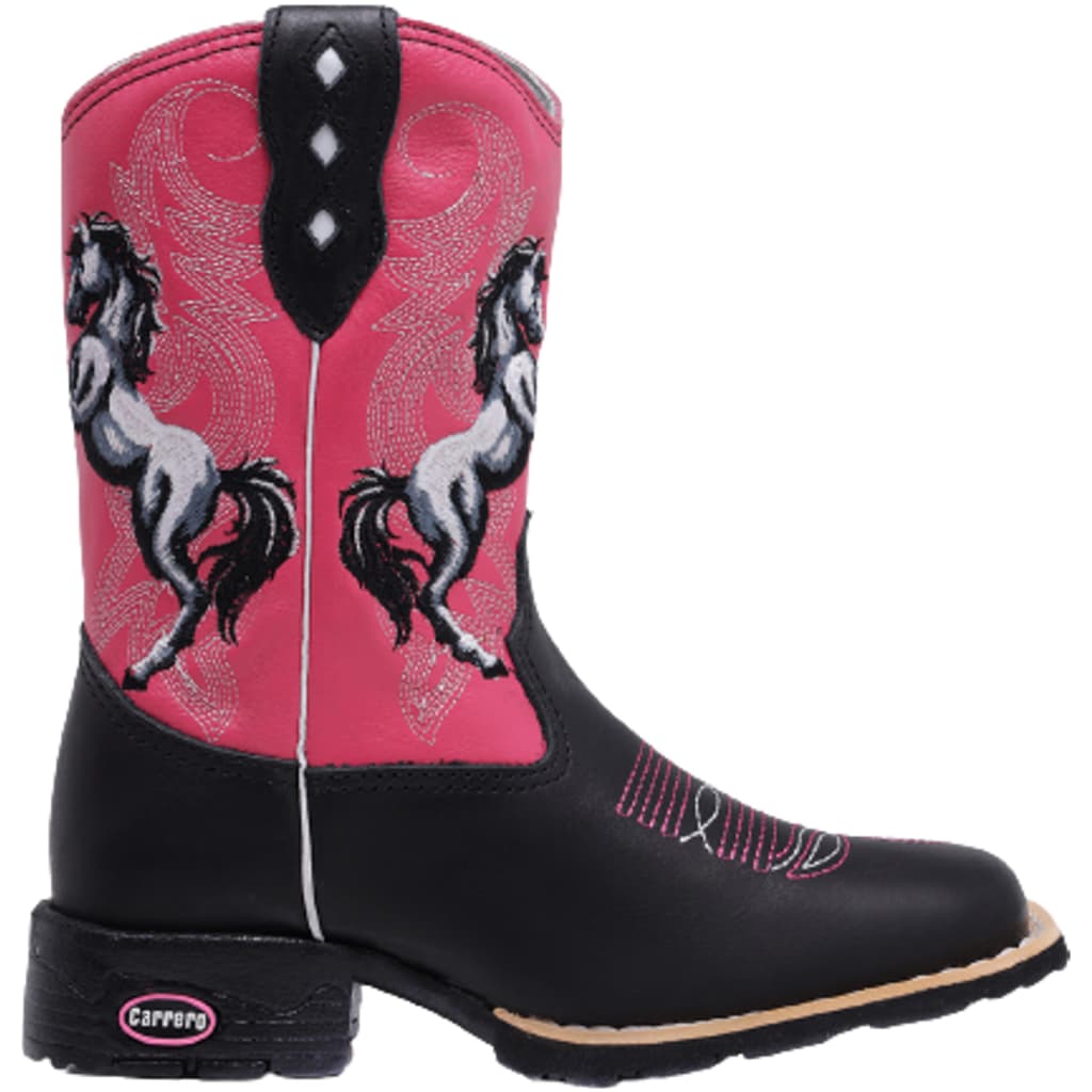 Bota Texana Infantil Feminina Couro Bordado Cavalos Cano Rosa