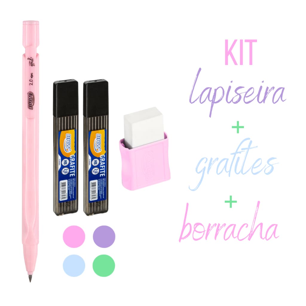 Lapiseira Escolar Ponta 2.0mm + Borracha + 12 Grafites - BRW
