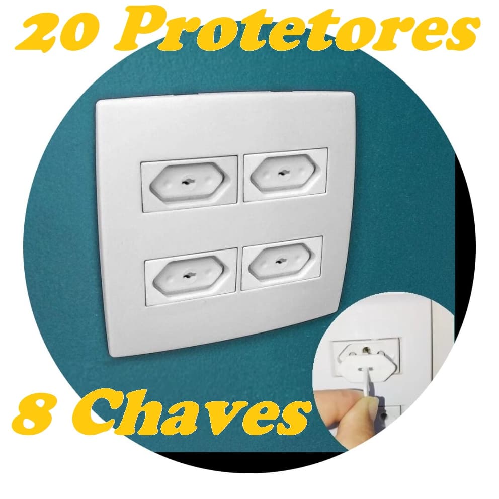 20 Protetores de Tomada 8 Chaves Branco Segurança Bebê
