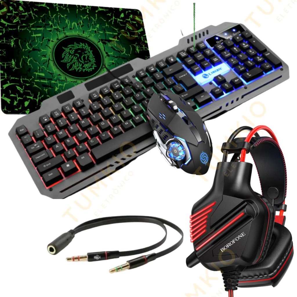 Kit 5in1 Teclado E Mouse E Gamer fone E mouse pad  E adaptador de fone 5 em1 Conjunto de jogos competitivos COM FIO