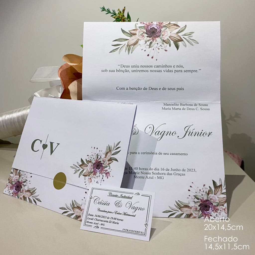 Promoção Convite de Casamento (100 unidades) + 200 Individuais + Adesivo Dourado