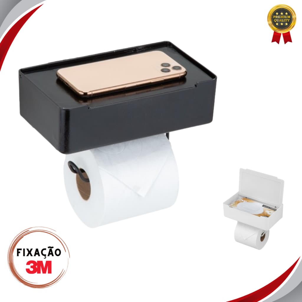 Suporte Papel Higienico e Lenco Umedecido com Porta Para Celular - Elegante e conforto - fixação 3m
