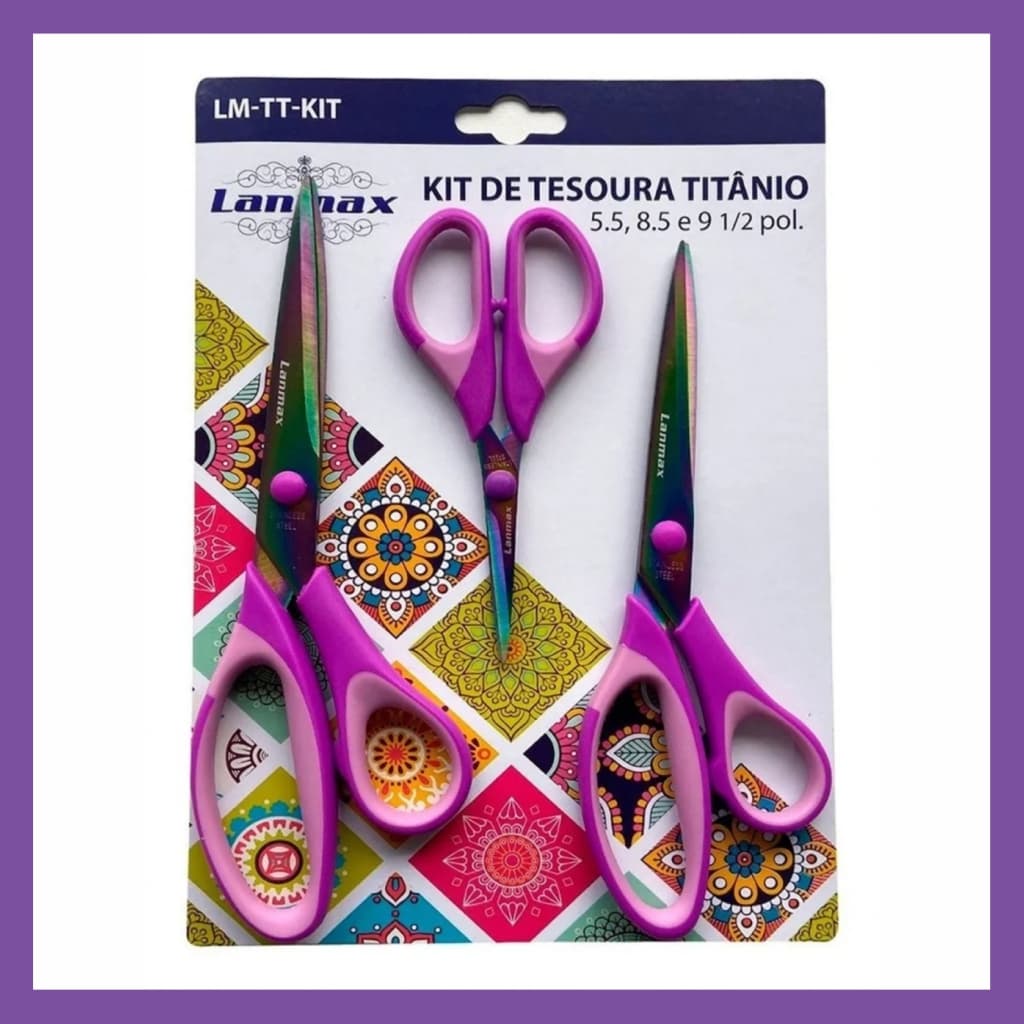 Kit com 3 Tesouras Profissionais de Titânio Lanmax para Corte e Costura, Artesanato, Patchwork e projetos manuais diversos