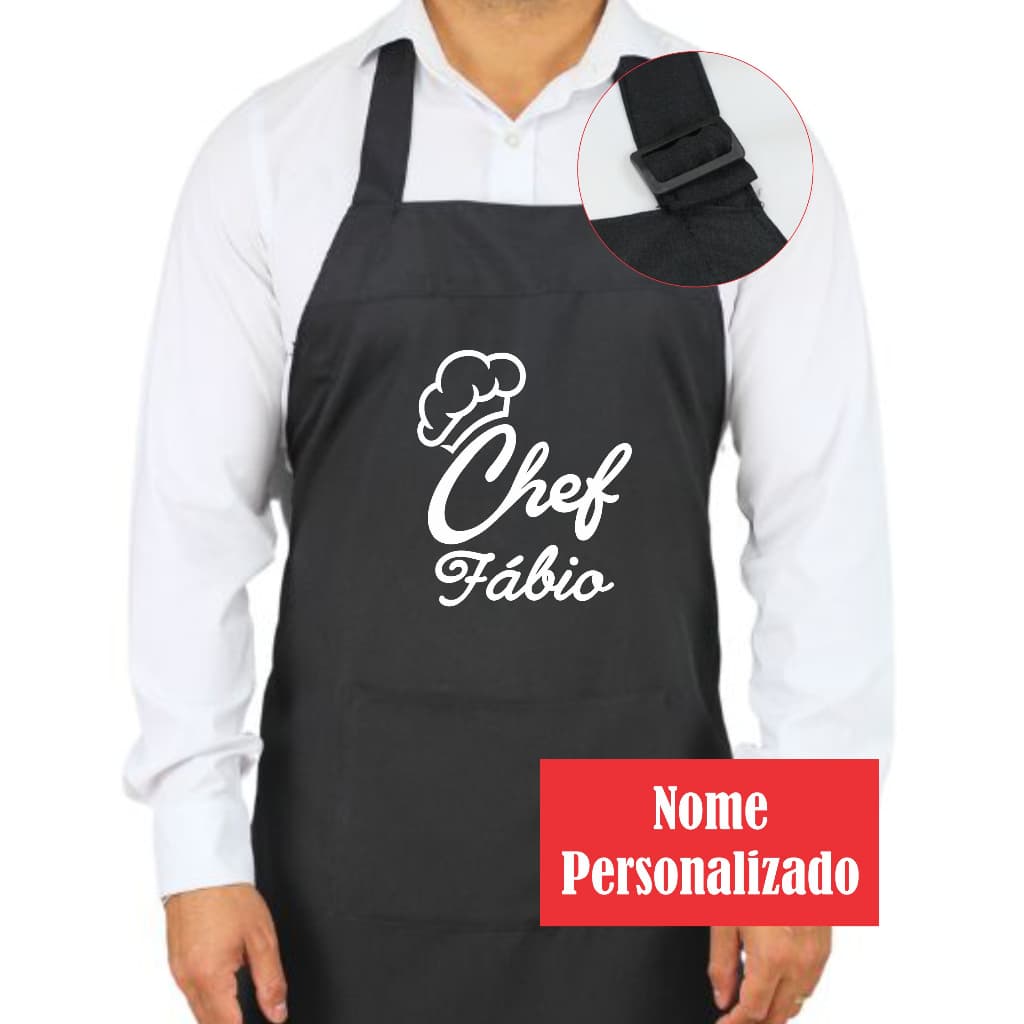 Avental Chef com Nome Personalizado Bordado Preto e ajuste, Churrasqueiro, manicure, chef