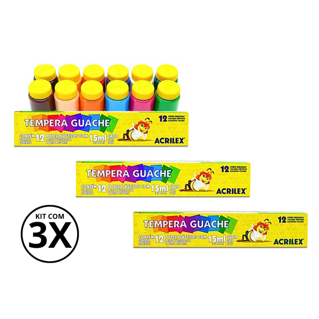 KIT 3 Tinta Guache Acrilex- Caixa Com 12 Cores 15Ml Cada - ACRILEX