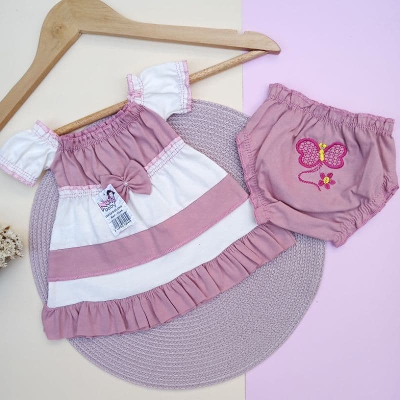 Vestido Bebê Menina Tapa Fralda Kit 2 Peças RN a 3 Meses Algodão