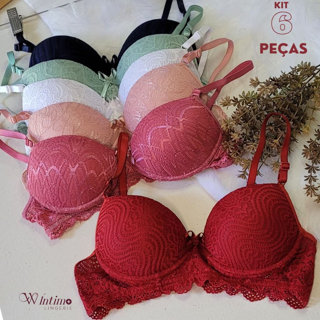Kit com 6 Sutiãs Bojo de Renda Lingerie Feminina Sutian Soutien Básico Luxo