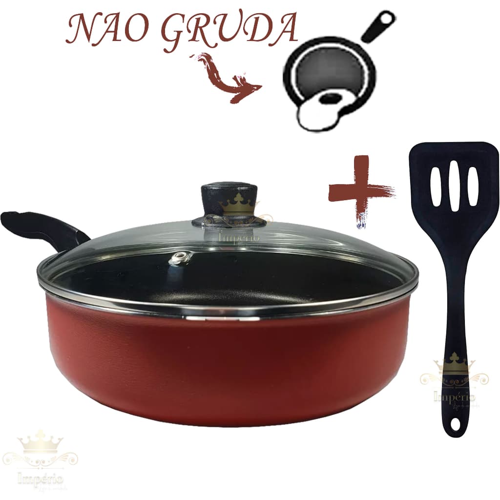 Frigideira Alta 18Cm Com Tampa De Vidro Espátula Antiaderente Com 5 Camadas Teflon Cor Vermelha Preta Funda Alumínio