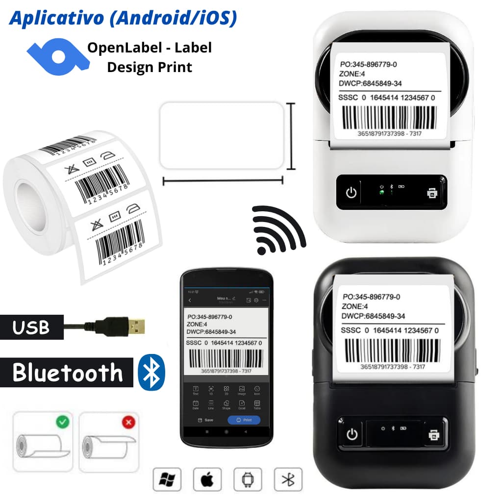 Impressora de Etiquetas Inteligente Térmica Bluetooth Sem Tinta iOS Android