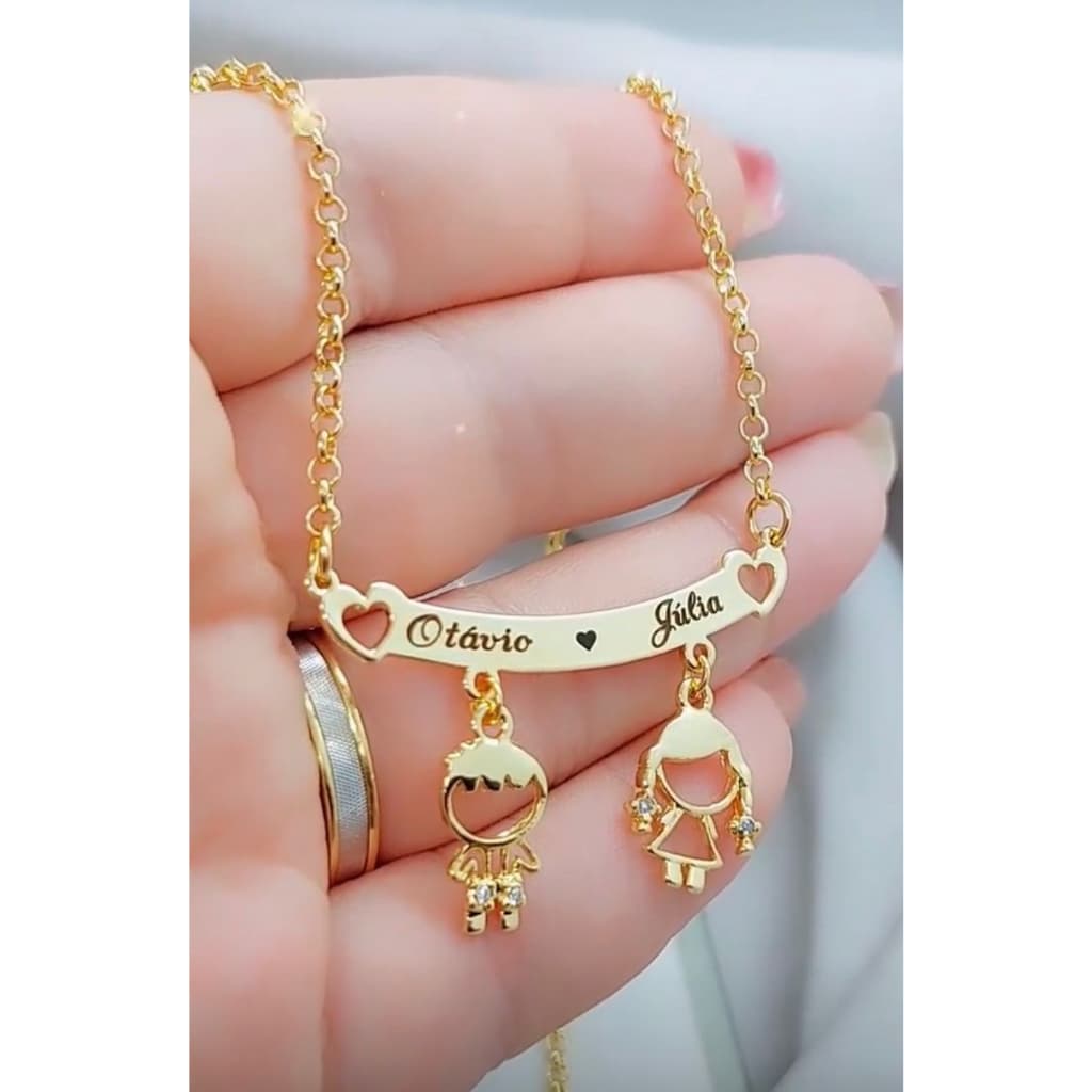 Colar de Filhos Canga Personalizado com Zircônia Corrente Elo Português Ouro 18K – Noah Joias