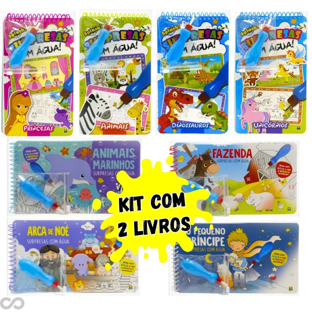 Livro Infantil de Colorir Aqua Book Água Book Surpresas com Água Aquabook Kit 2 Livros
