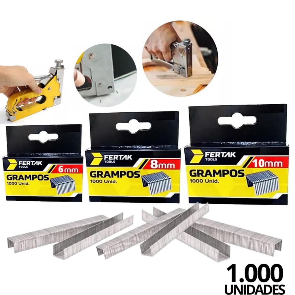 Grampos Para Grampeador Tapeceiro - 6mm / 8mm / 10mm / Caixa com 1000 Unidades de Grampos - Fertak