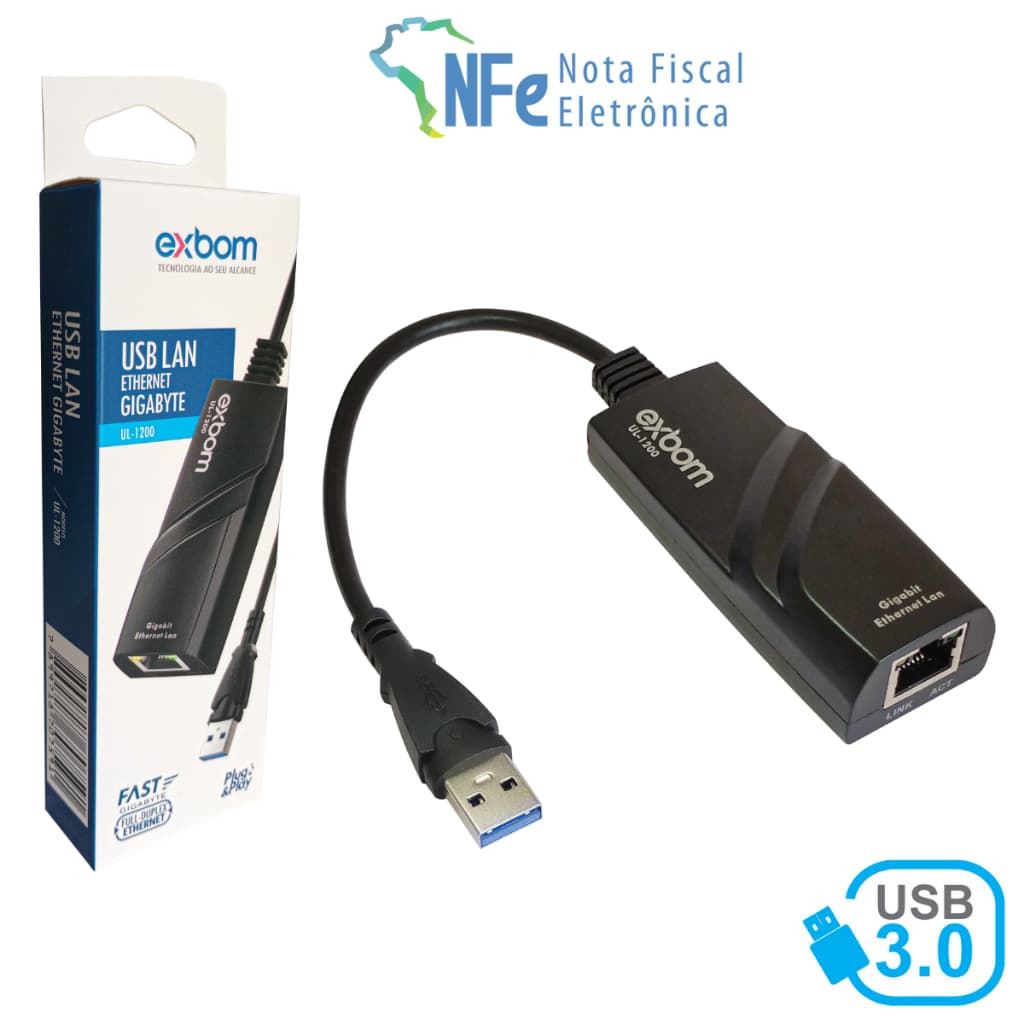 Adaptador de Rede USB 3.0 RJ45 Gigabit 1000Mbps Ethernet 10/100/1000 - Computador PC Notebook