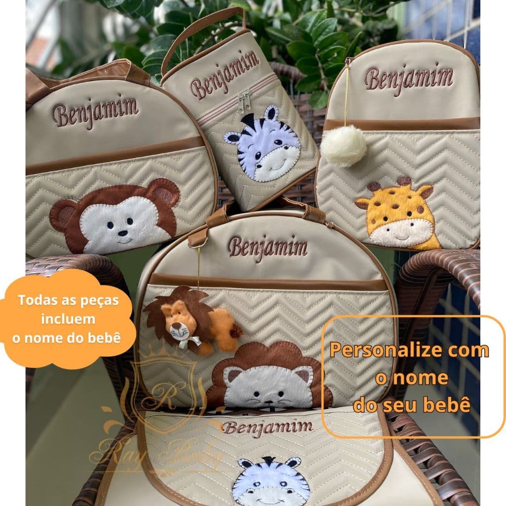 Bolsa Maternidade Safari Personalizada com Nome 5 Peças para bebê