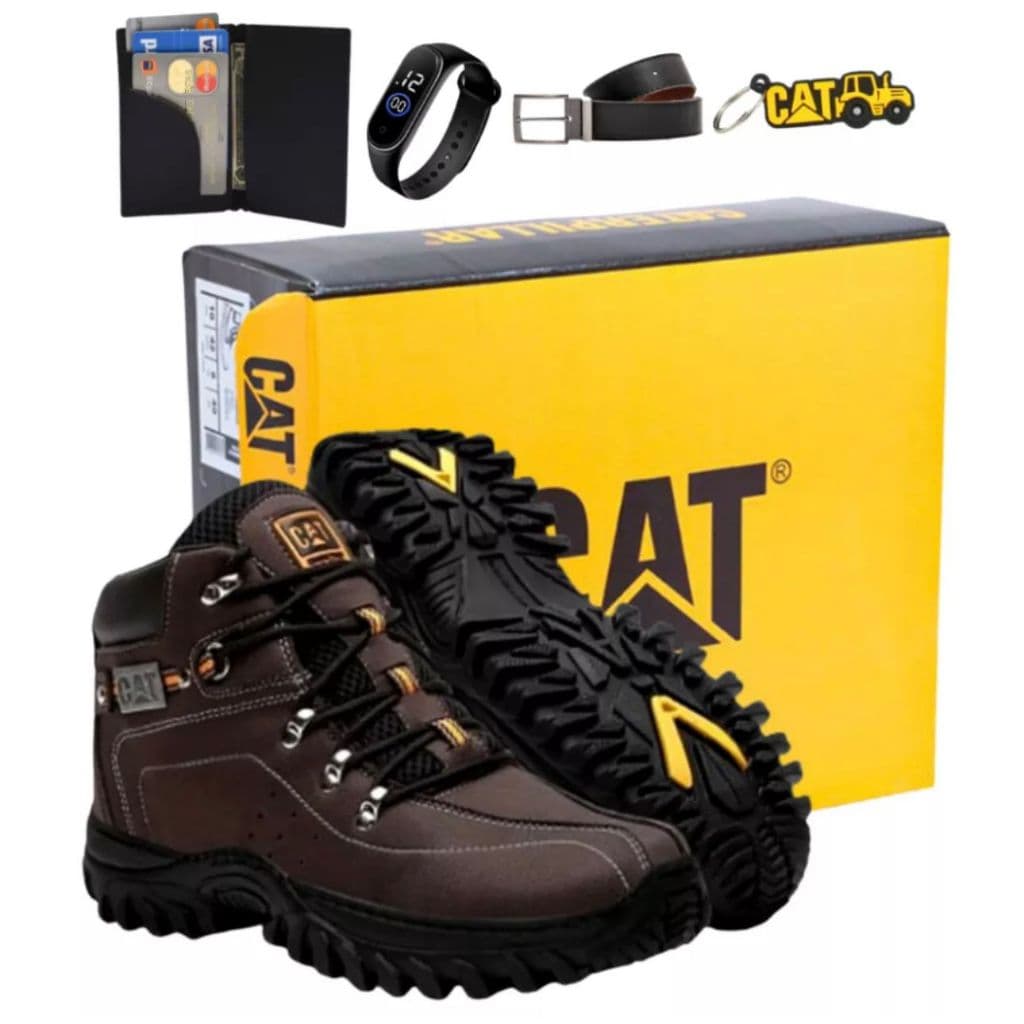 Botina Bota Caterpillar Masculina Adventure Trilha Costurado Impermeável + Cinto Carteira Relogio e Chaveiro