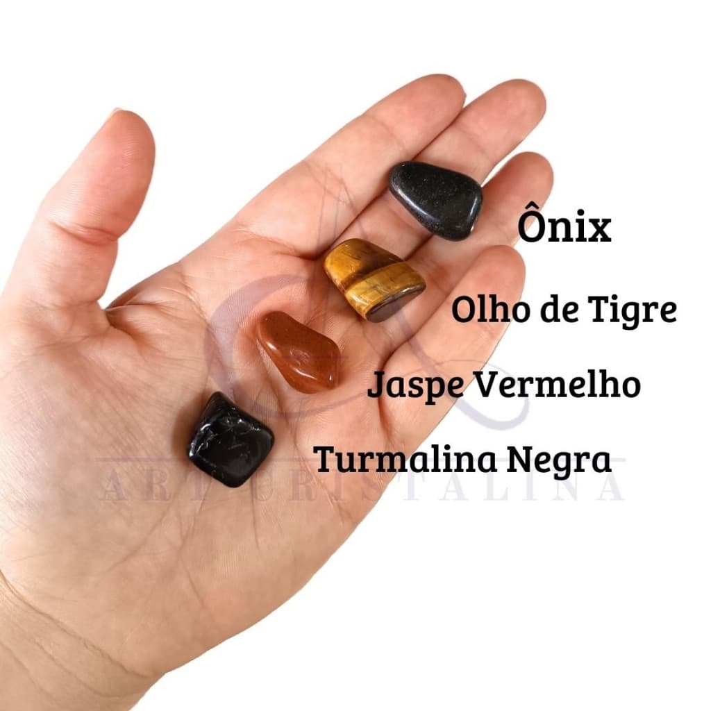 Kit Proteção Pessoal Turmalina Negra, Olho de Tigre, Jaspe Vermelho , Ônix Cristais  Naturais