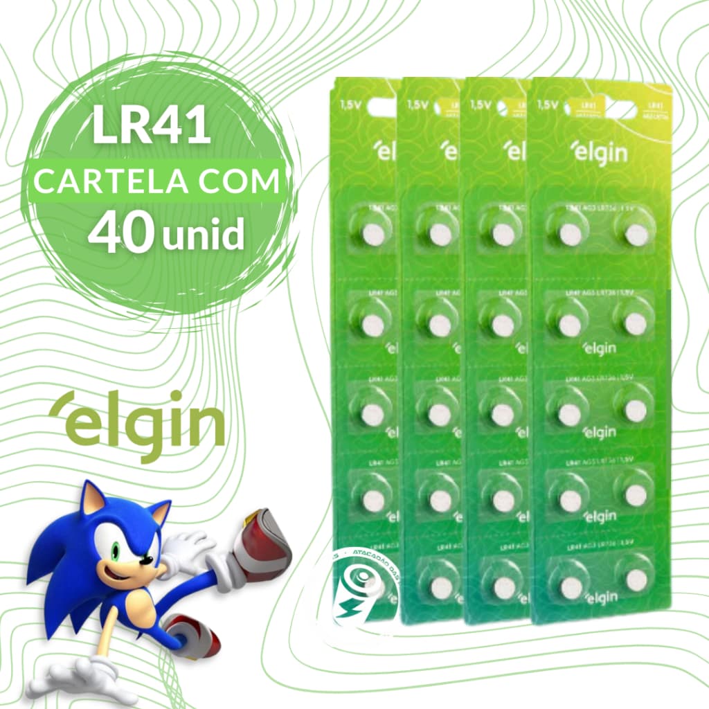 40 Baterias Alcalina Lr41 Elgin Botão - 4 Cartelas C/ 10 Uni