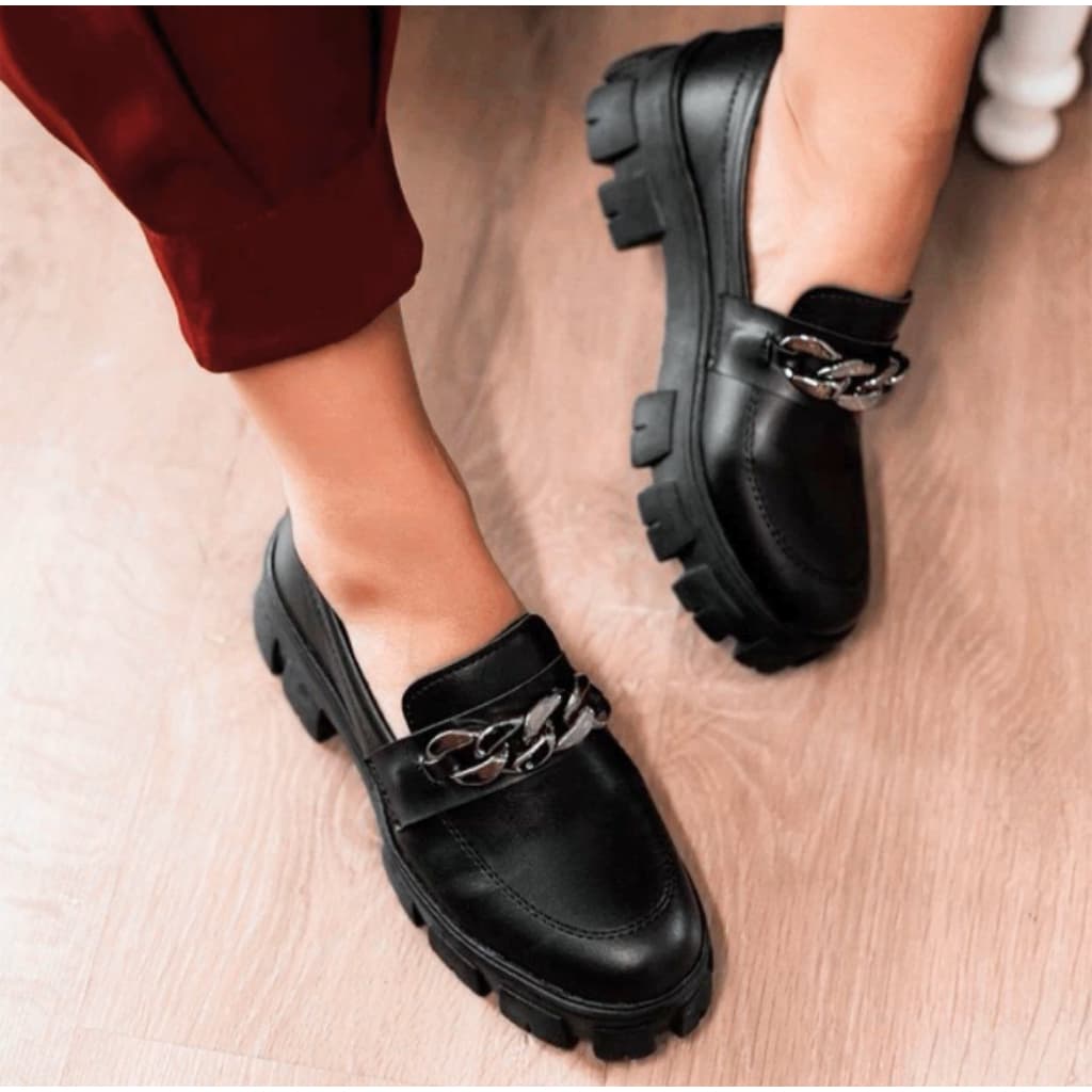 Mocassim Sapato Feminino Calce Facil Oxford Preto Bege Veniz