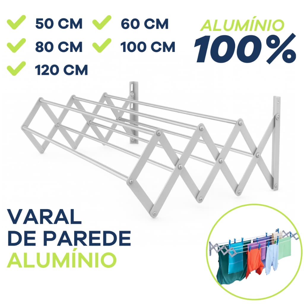 Varal Retrátil Sanfonado Alumínio Parede 120cm 100cm 80cm 60cm 50cm Compacto Roupas Cueca Calcinha