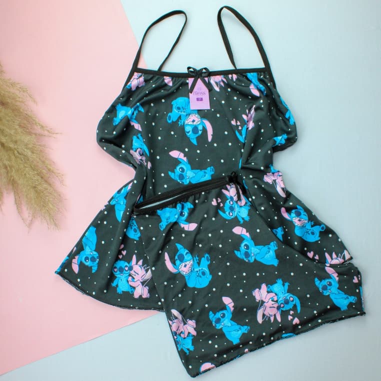 Short Doll Feminino Personagens Estampado Pijama Adulto Linha Noite Conforto Stitch