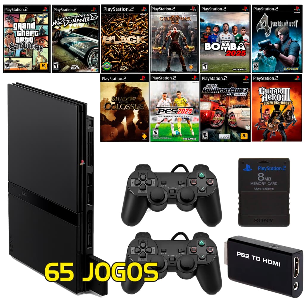 Sony Playstation 2 Slim + 2 Controles + 65 Jogos + Hdmi + Pendrive 128gb + Memory Card + Completo