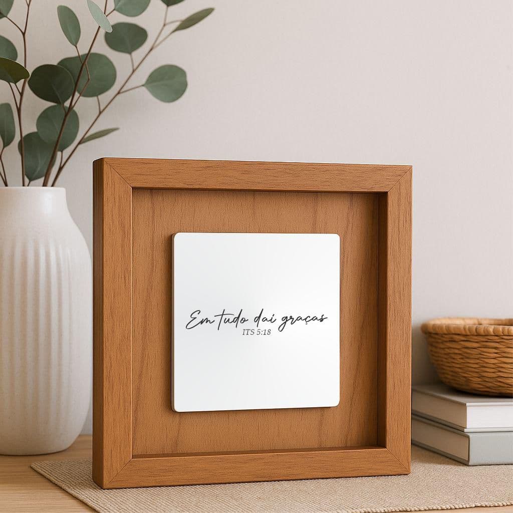 Quadro Decorativo em Madeira Quadrado com Placa de Espelho Gravado com Frase Sala Quarto