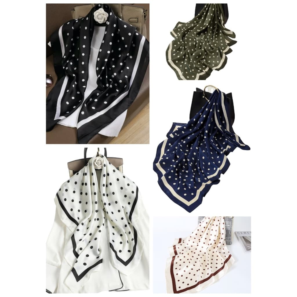 Lenço Feminino 90x90 Cetim Seda Falsa Estampa Poá Bolinha Vintage Elegante Cabeça Pescoço Bolsa Acessório Moda